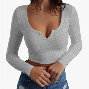Long Sleeve Scoop Neck V Notch Ribbed Slim Fitted Crop Top